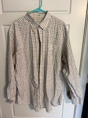 Peter Millar XL White Dress Shirt with Navy & Brown Windowpane